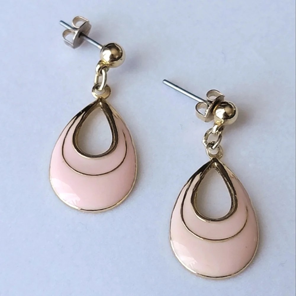 Pretty Pink Vintage Enamel Post Earrings for Pierced Ears Tear Drop Earrings